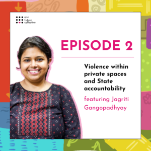A patchwork background with a white square in the centre containing the guest, Jagriti's photo, the title of the episode and the name of the guest.
