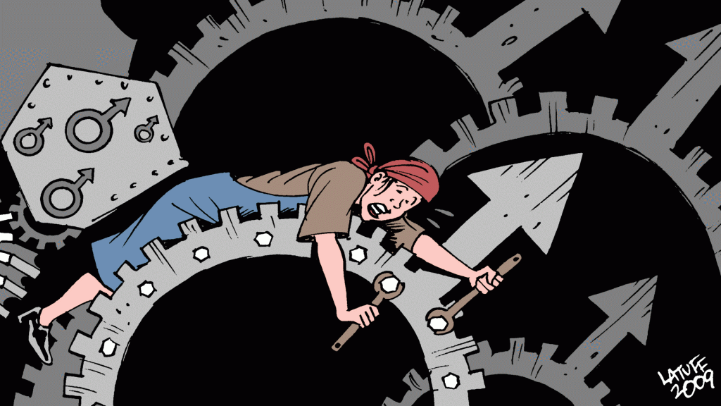 Illustration on capitalism showing a worker stuck between machine gear profile