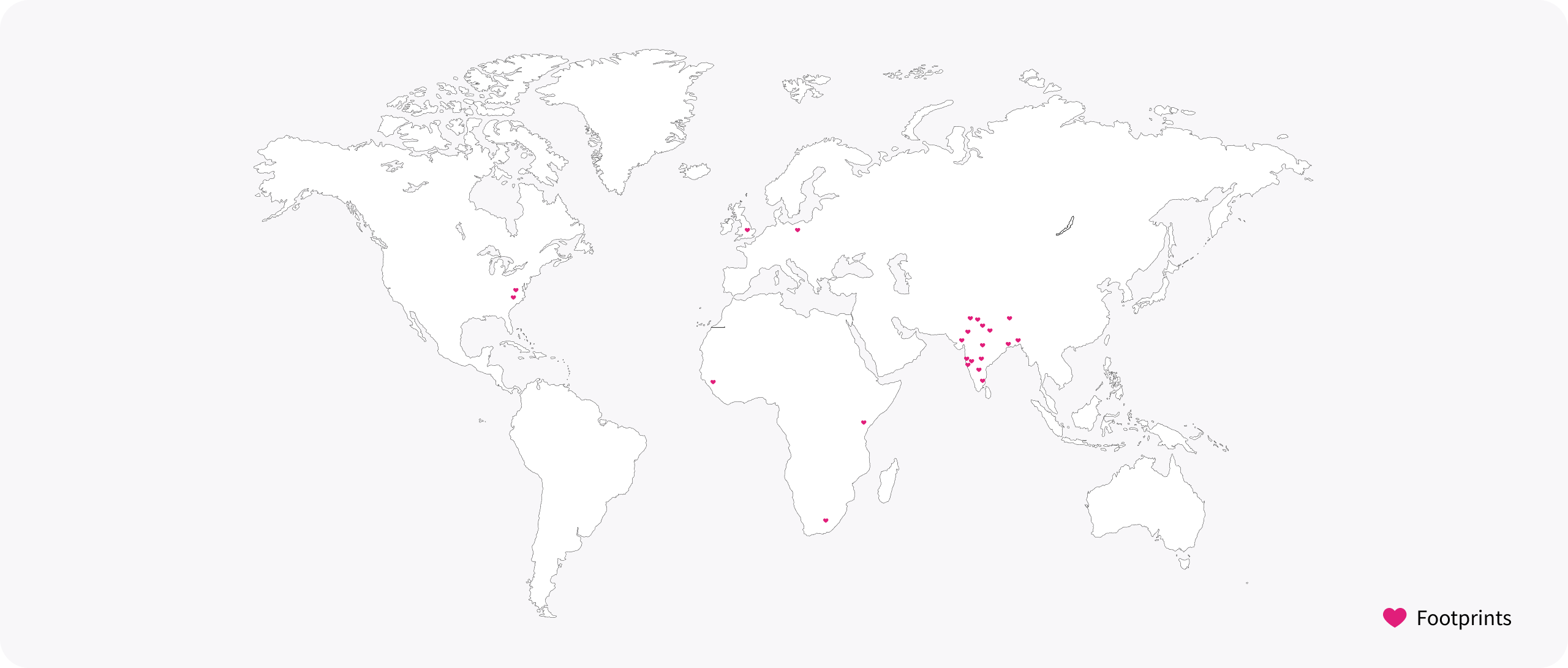 World Map in white colour and spotted the locations